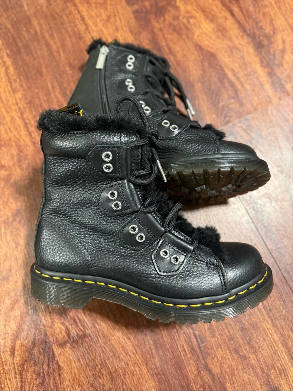 Dr. Martens Black Leather Lace-Up Fur Collar Boots with Yellow Stitching